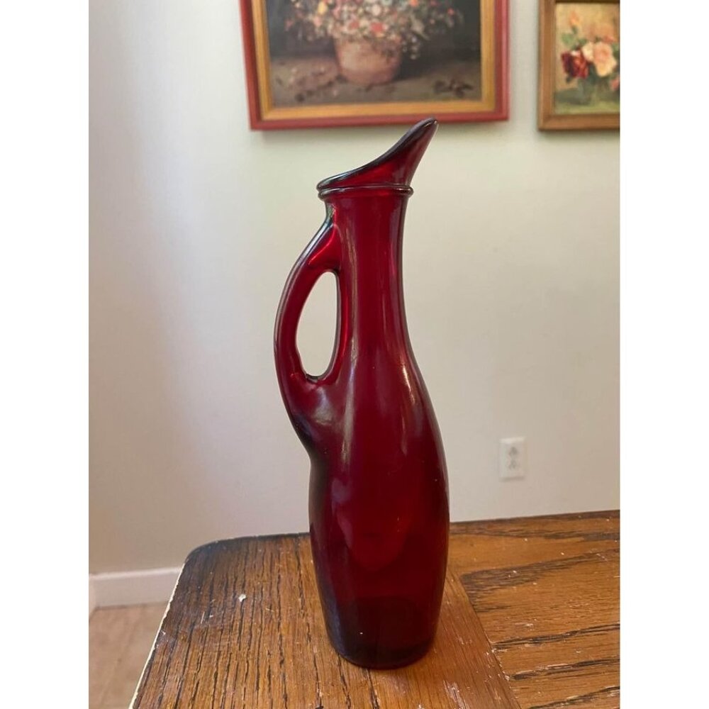 Antique Royal Ruby Glass Anchor Hocking Vinegar Oil Pitcher